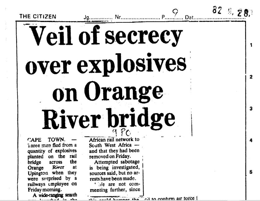 Veil of secrecy on Orange River bridge, The Citizen, 28 September 1982
