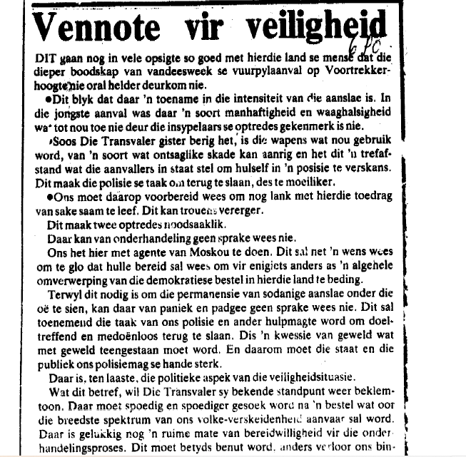 Vennote vir veiligheid, Die Transvaler, 15 August 1981