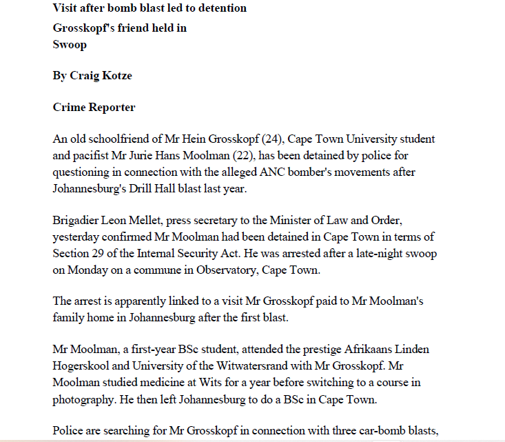 Visit after bomb blast led to detention, Grosskopf's friend held in Swoop, by Craige Kotze