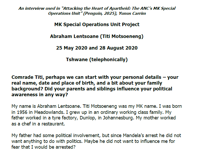 Interview with Abraham Lentsoane (Titi Motsoeneng), 25 May and 28 August 2020
