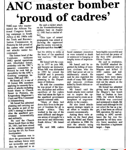 ANC master bomber 'proud of cadres', The Citizen, 5 May 1998