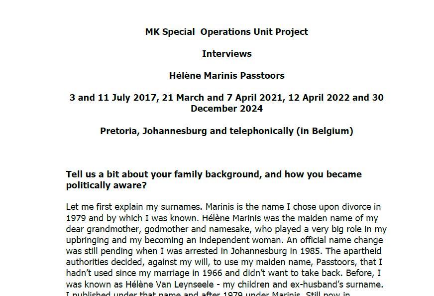 Interview with Hélène Marinis Passtoors, 3 and 11 July 2017, 21 March and 7 April 2021, 12 April 2022 and 30 December 2024