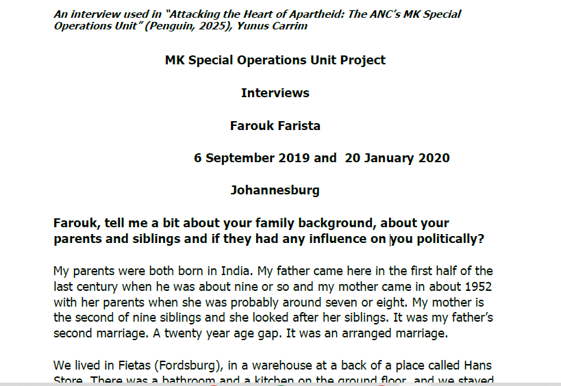 Interview with Farouk Farista, 6 September 2019 and 20 January 2020