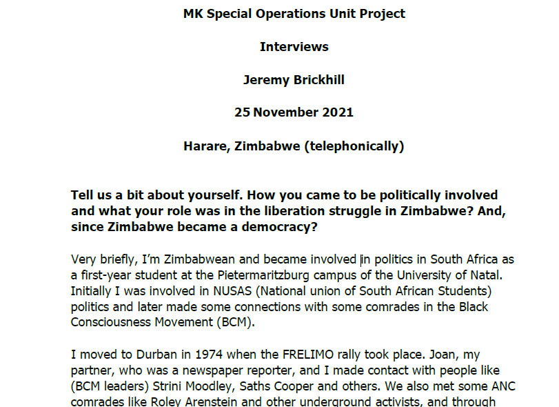 Interview with Jeremy Brickhill, 25 November 2021