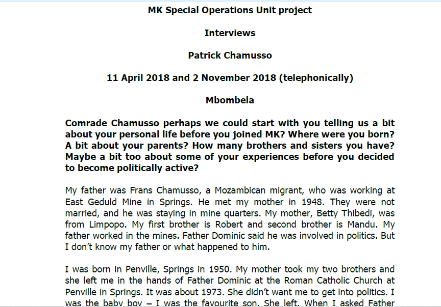 Interview with Patrick Chamusso, 11 April 2018 and 2 November 2018