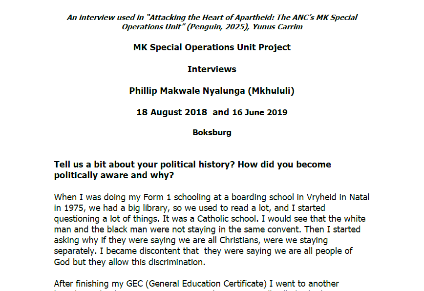 Interview with Phillip Makwale Nyalunga (Mkhululi), 18 August 2018 and 16 June 2019