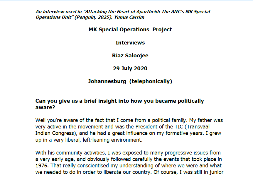 Interview with Riaz Saloojee, 29 July 2020