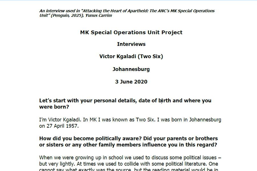 Interview with Victor Kgaladi (Two Six), 3 June 2020