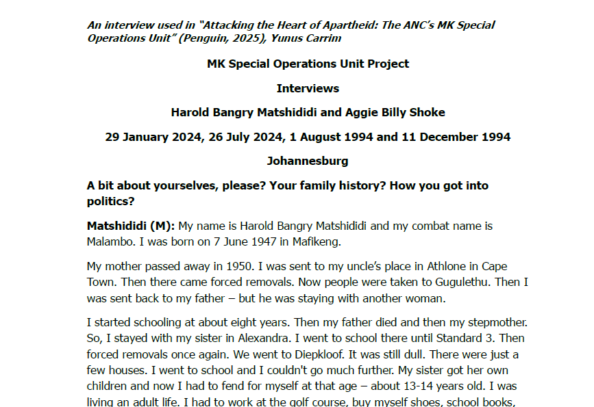 Interviews with Harold Bangry Matshididi and Aggie Billy Shoke,  29 January 2024, 26 July 2024, 1 August 1994 and 11 December 1994