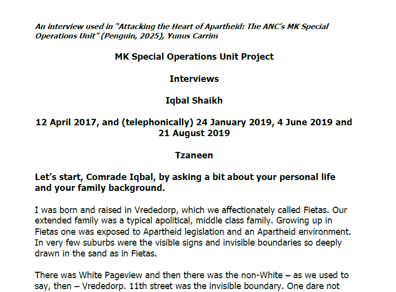 Interviews with Iqbal Shaikh, 12 April 2017, and (telephonically) 24 January 2019, 4 June 2019 and 21 August 2019