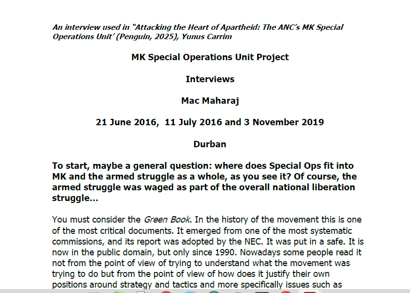 Interviews with Mac Maharaj, 21 June 2016, 11 July 2016 and 3 November 2019