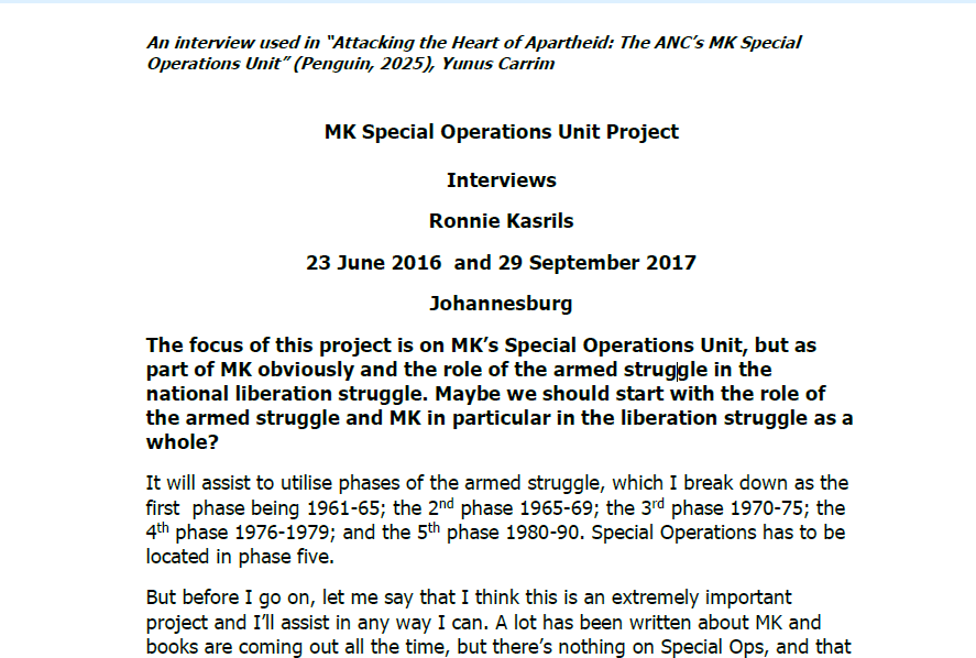Interviews with Ronnie Kasrils, 23 June 2016 and 29 September 2017