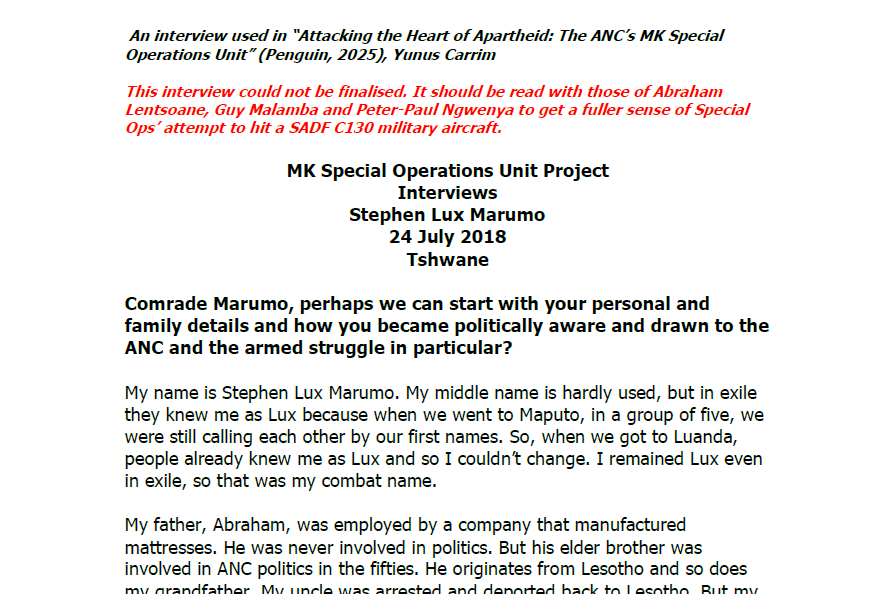 Interviews with Stephen Lux Marumo, 24 July 2018