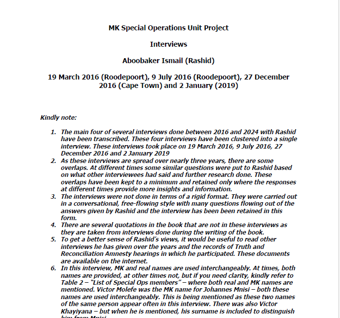 cover - MK Special Operations Unit Project Interviews, Aboobaker Ismail