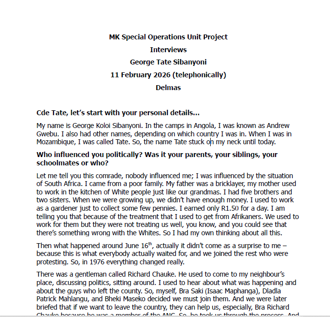 cover - MK Special Operations Unit Project Interviews, George Tate Sibanyoni
