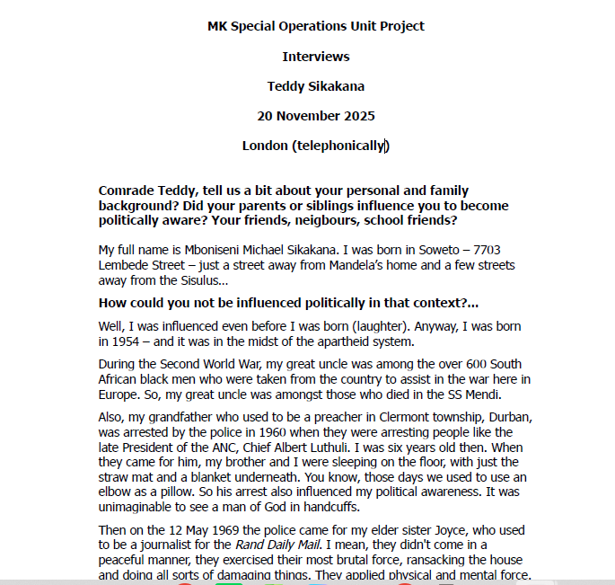 cover - MK Special Operations Unit Project Interviews, Teddy Sikakana, 20 November 2025, London (telephonically)