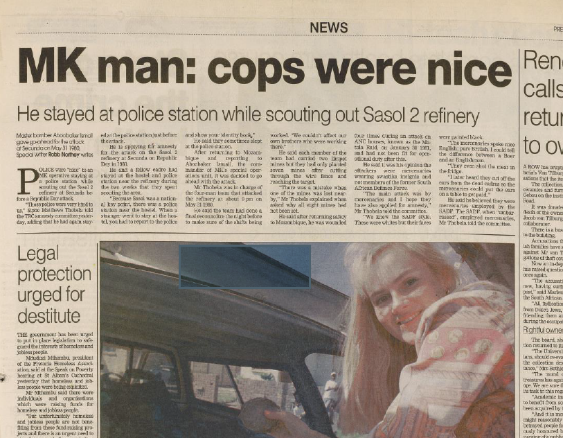 MK man: cops were nice, by Rob Northey, Pretoria News Weekend, 9 May 1998