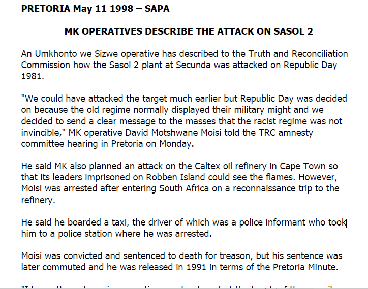 MK operatives describe the attack on Sasol 2, SAPA, 11 May 1998