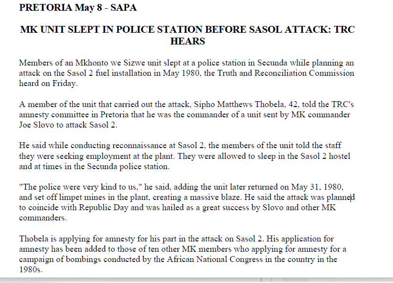 MK unit slept in police station before Sasol attack: TRC hears, SAPA, 8 May 1998
