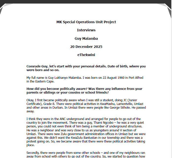 MK Special Operations Unit Project Interviews, Guy Malamba, 20 December 2025, eThekwini