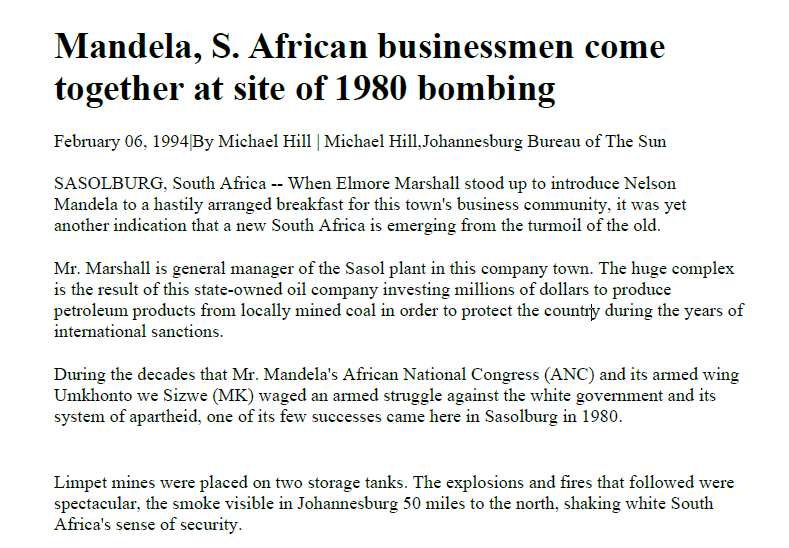 Mandela, S. African businessmen come together at site of 1980 bombing, by Michael Hill, 6 February 1994