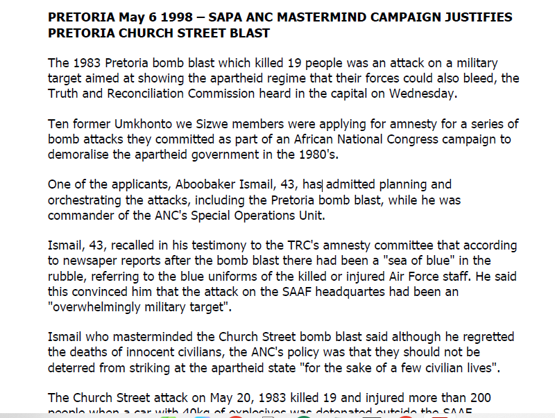 SA Air Force operation, ANC mastermind campaign justifies Pretoria Church Street blast, SAPA, 6 May 1998