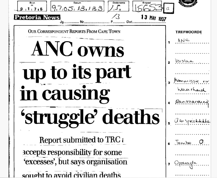 SA Air Force operation, ANC owns up to its part in causing struggle deaths,  Pretoria News, 13 May 1997 