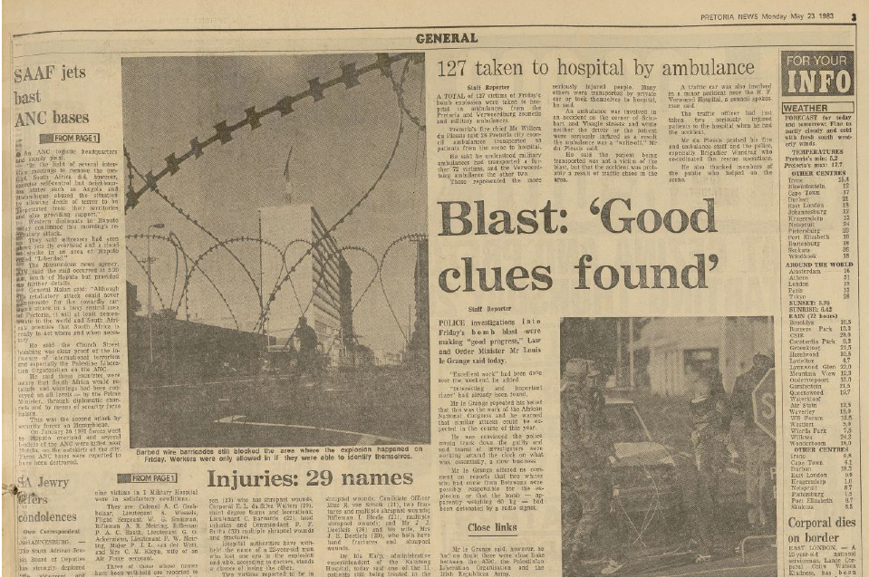 SA Air Force operation, Blast: Good clues found, Pretoria News, 23  May  1983