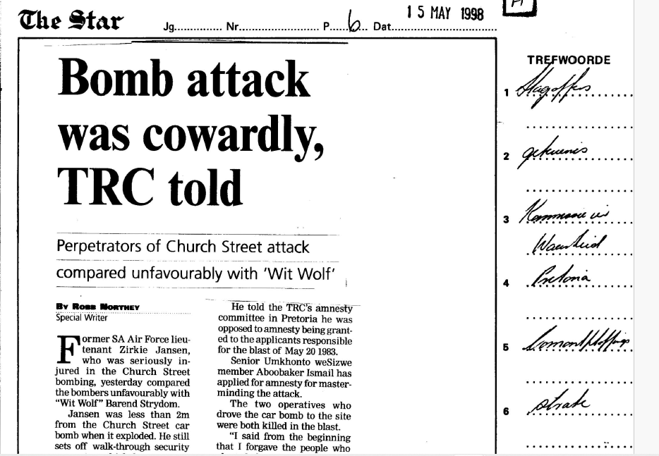 SA Air Force operation, Bomb attack was cowardly, TRC told, by Ross Morthey, The Star, 15 May 1998 