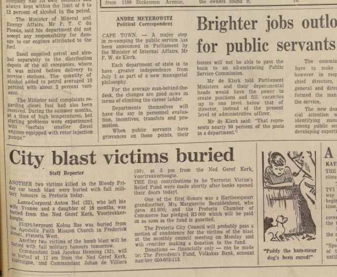 SA Air Force operation, City blast victims buried, Pretoria News, 26 May 1983