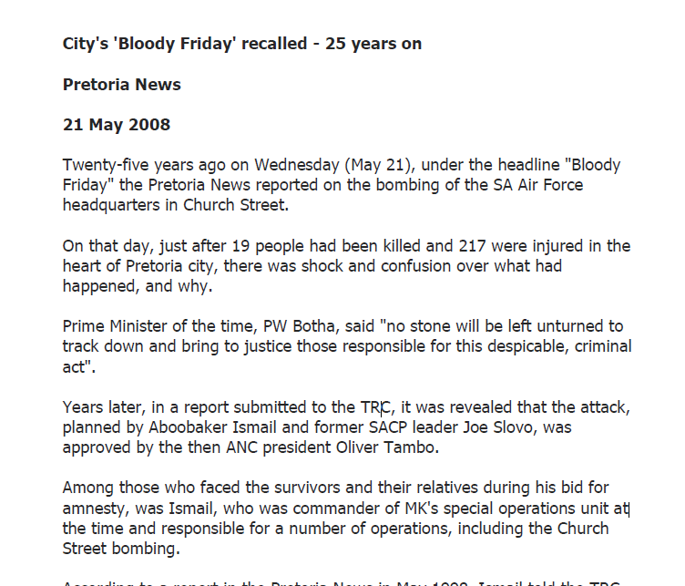 SA Air Force operation, City's 'Bloody Friday' recalled - 25 years on,  Pretoria News, 21 May  2008 