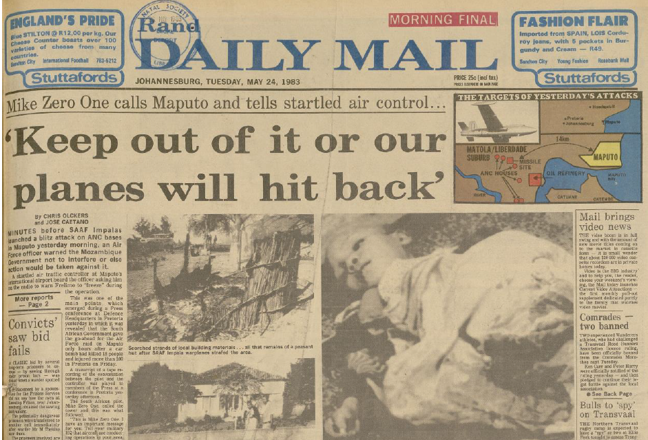 SA Air Force operation, Keep out of it or our planes will hit back, by Chris Olckers and Jose Caetano, Rand Daily Mail, 24 May 1983