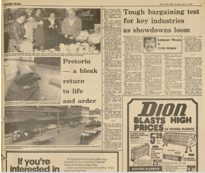 SA Air Force operation, Pretoria - a bleak return to life and order, Rand Daily Mail,  23 May 1983