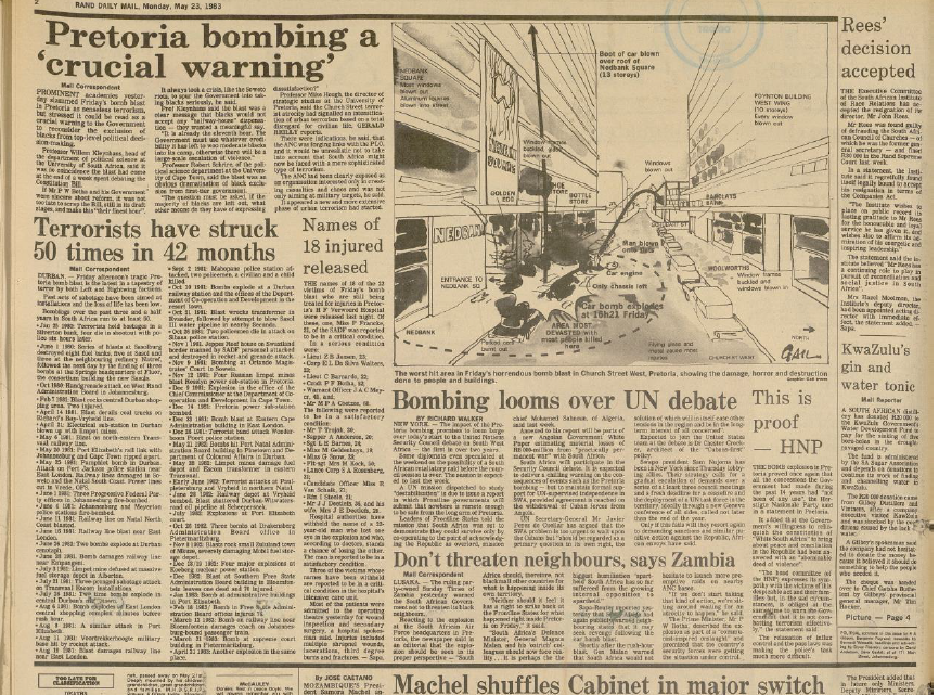 SA Air Force operation, Pretoria bombing a 'crucial warning', Rand Daily Mail,  23 May 1983