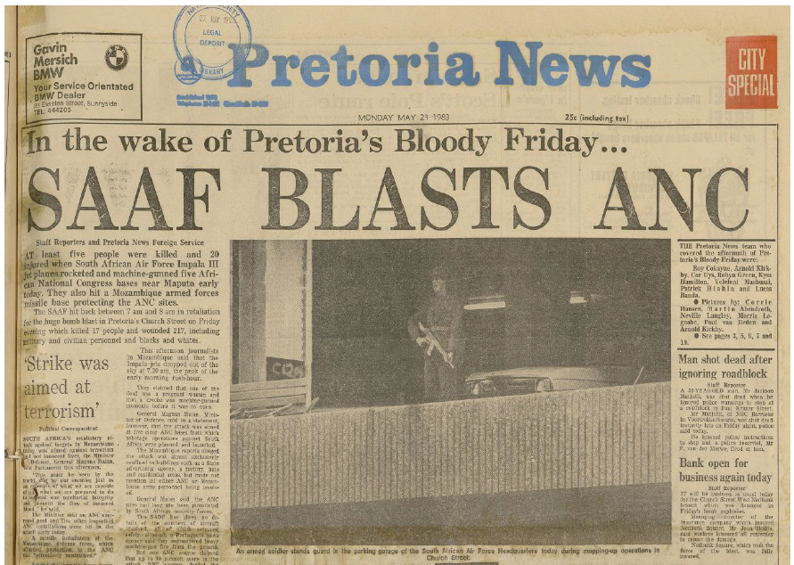 SA Air Force operation, SAAF blasts ANC, Pretoria News, 23  May  1983
