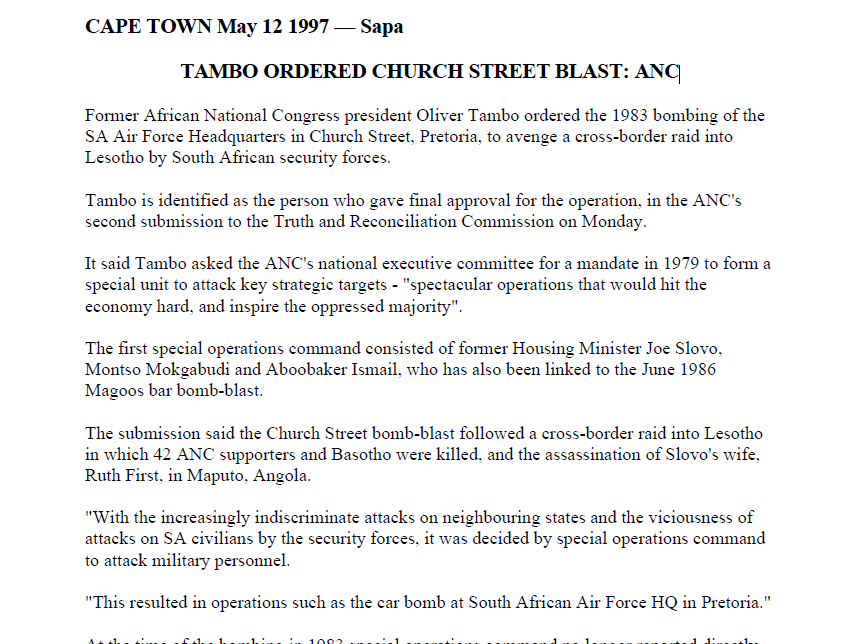 SA Air Force operation, Tambo ordered Church Street blast: ANC,  Cape Times  12 May 1997 
