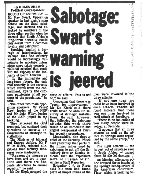 Sabotage: Swart's warning is jeered, by Hellen Zille