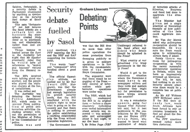 Security debate fuelled by Sasol, Graham Linscott, The Star, 3 June 1980