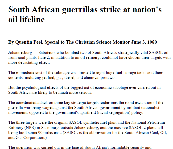 South African guerrillas strike at nation's oil lifeline, by Quentin Peel, Christian Science Monitor, 3 June 1980