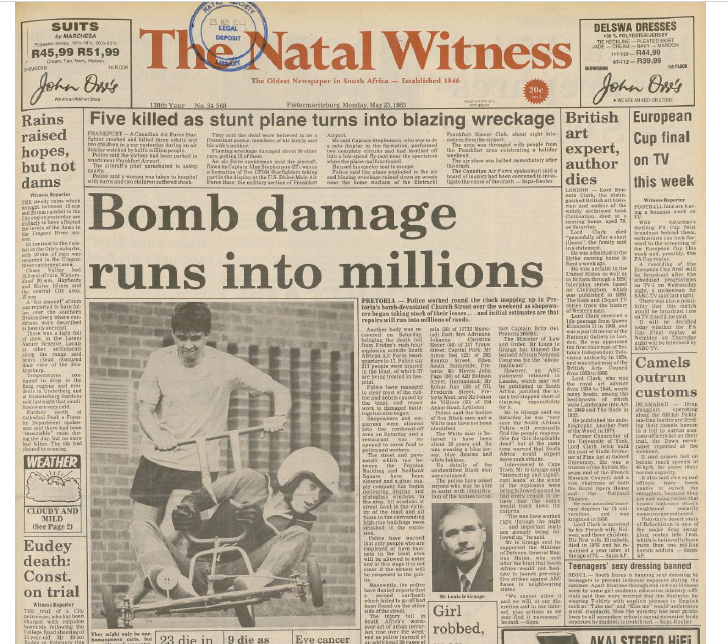 SA Air Force operation,  20 May 1983, Bomb damage runs into millions, Natal Witness, 23 May 1983