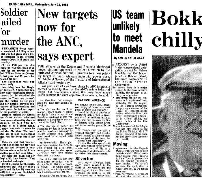 Power stations operation, New target now for ANC, says expert, Rand Daily Mail, 22 July 1981  