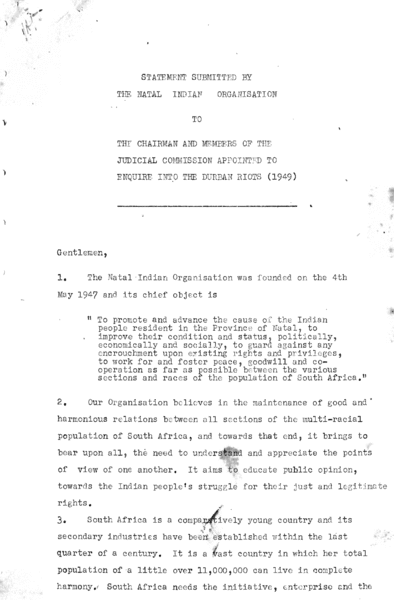 Joint Statement on the Durban Riots, by A. W. G. Champion of the ANC (Natal) and Dr. G. M. Naicker of the Natal Indian Congress [n.d.]
