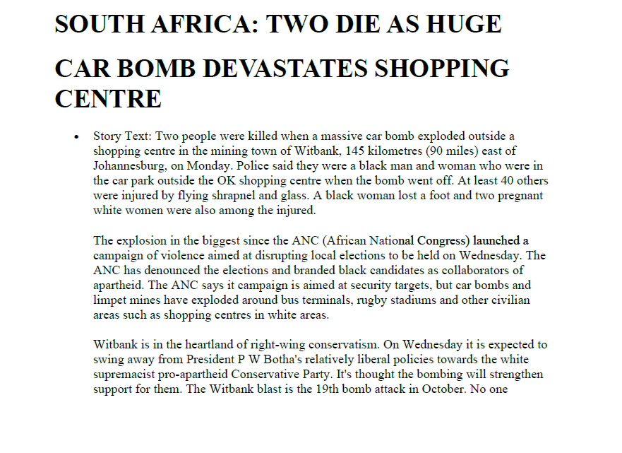South Africa: two die as huge car bomb devastates shopping centre, Reuters