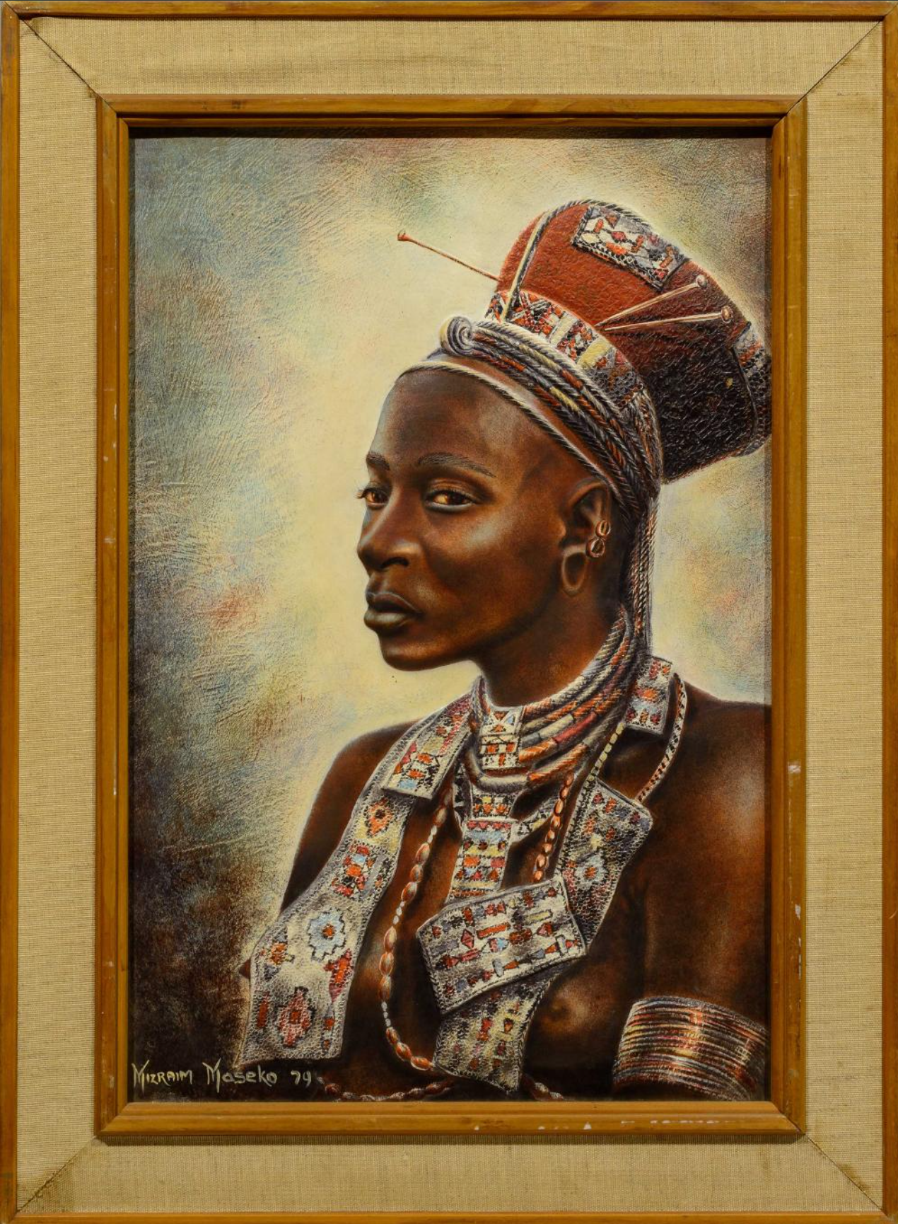 Oil on Hide, Zulu Maiden by SA artist Mizream Maseko