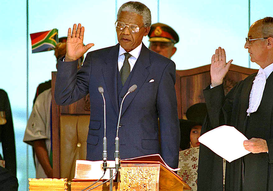 South African president Nelson Mandela is sworn in to office at the Union Buildings in Pretoria