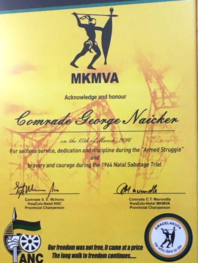 George Naicker - MKMVA - Certificate of Honour