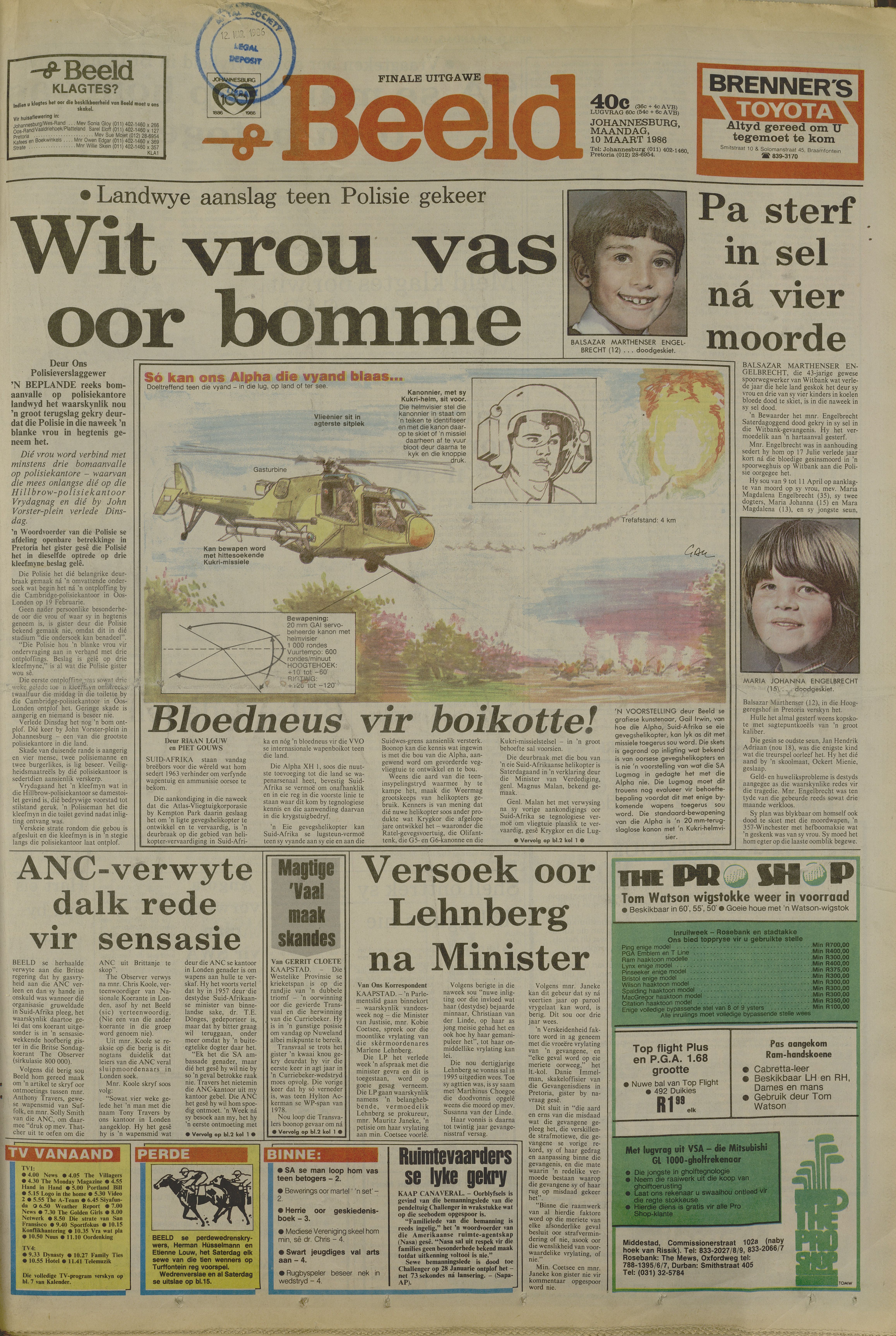 Police station operations, 1986, Wit vrou vas oor bomme,Beeld, 10 March 1986