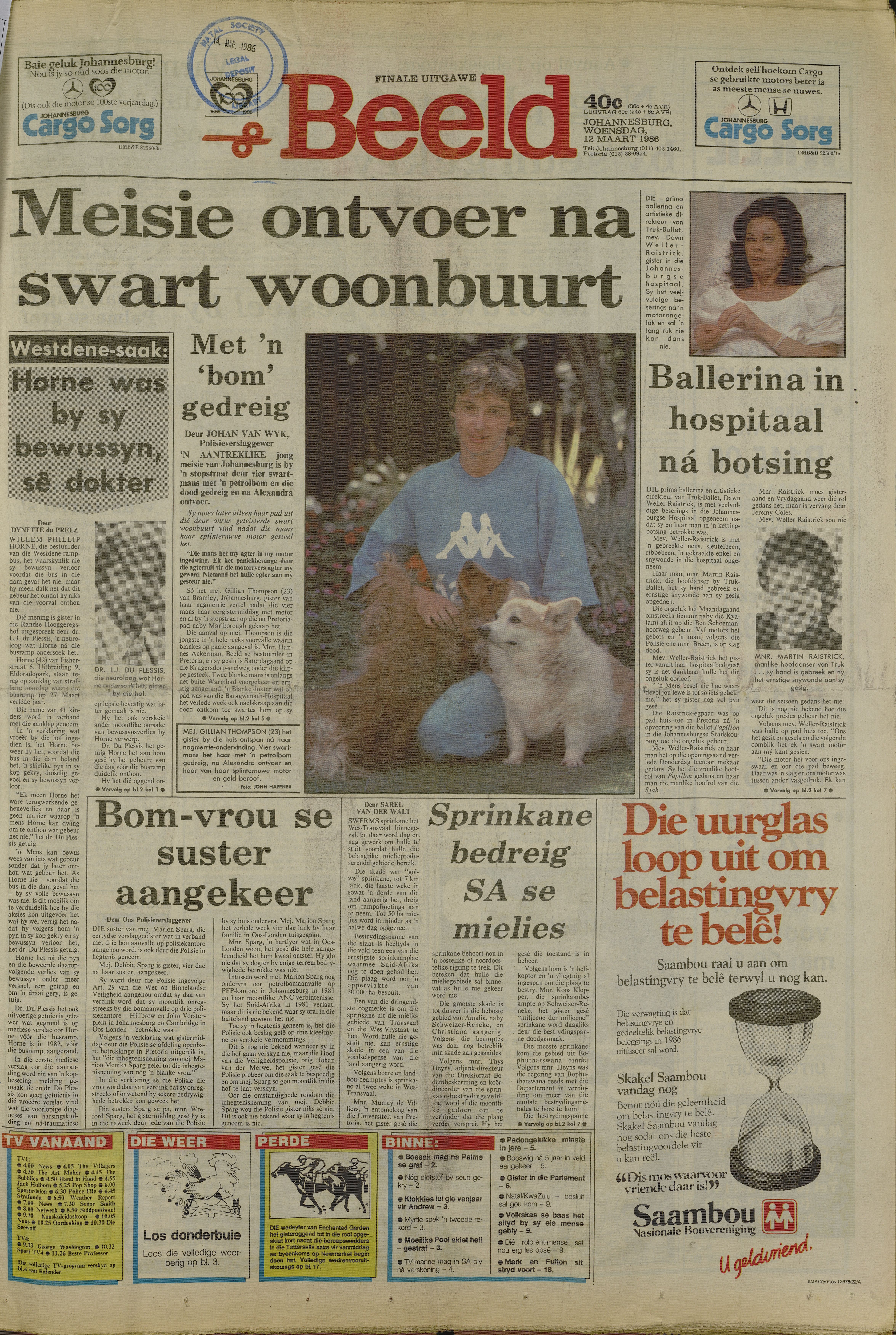 Police station operations, 1986, Bom-vrou se suster aangekeer, Beeld, 14 March 1986 