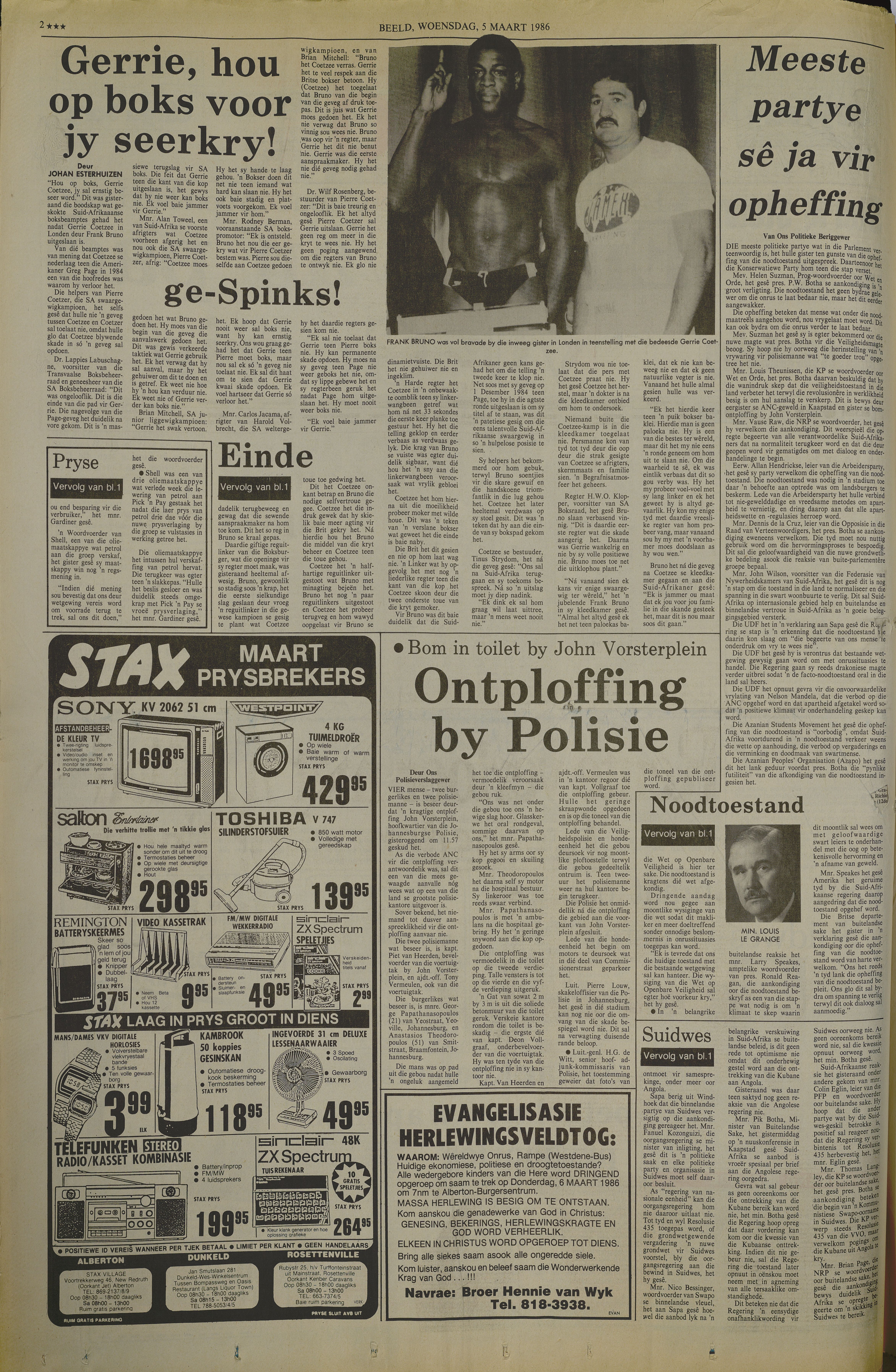 Police station operations, 1986, Ontploffing by Polisie, Beeld, 5 March 1986 