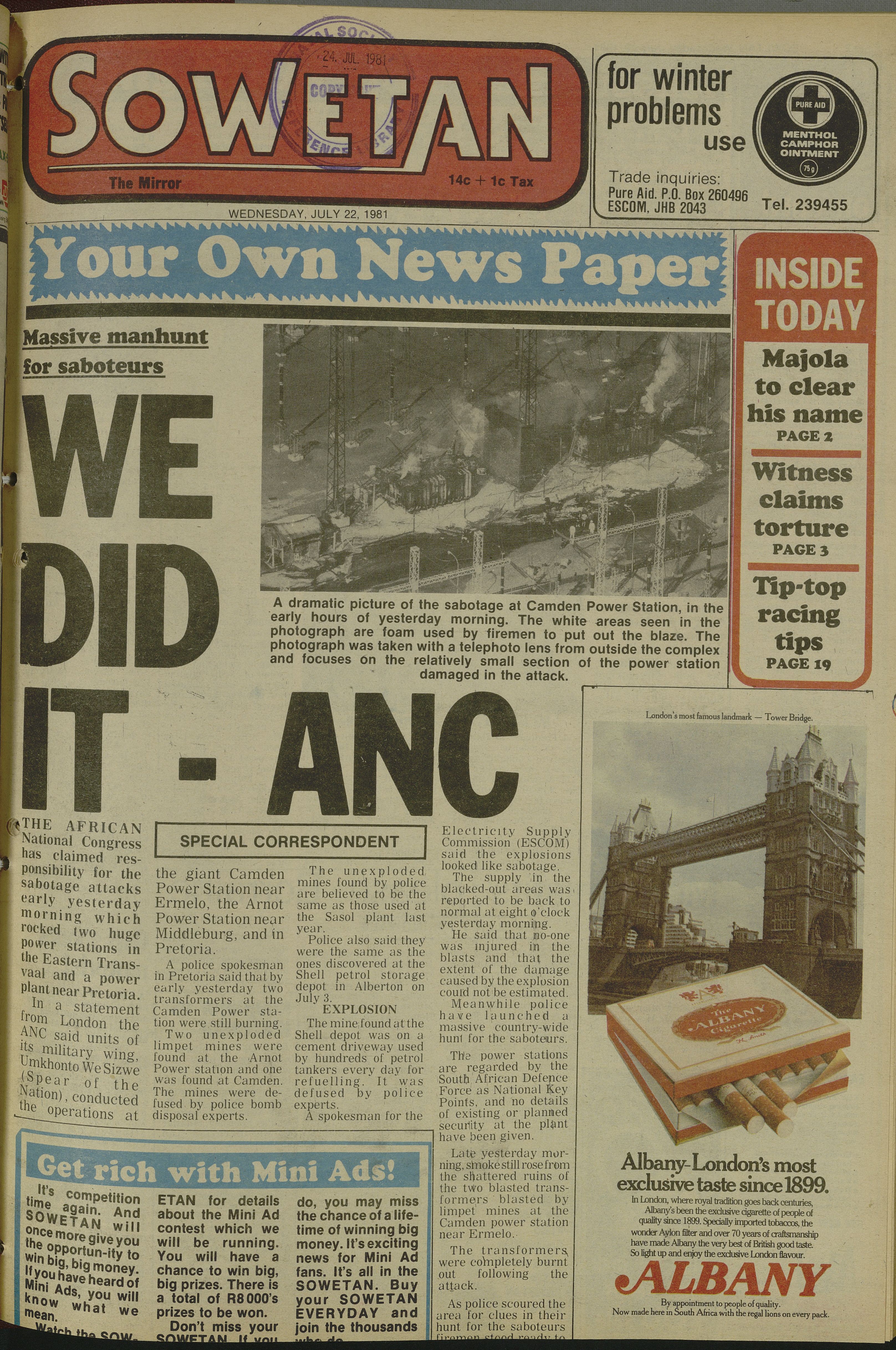 Power stations operation, We did it - ANC, Sowetan, 22 July 1981